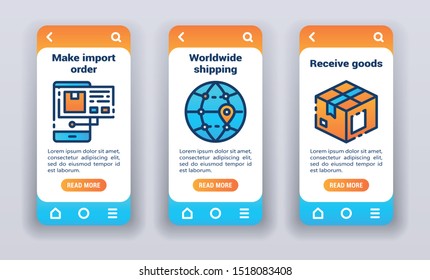 Delivery on mobile app onboarding screens. Line icons, import order, worldwide shipping, receive goods. Banners for website and mobile kit development UI/UX/GUI template
