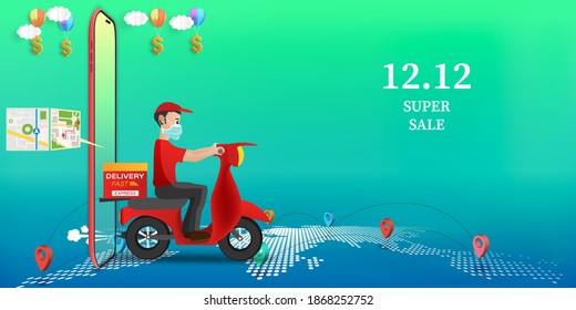 Delivery on mobile by scooter of goods during the prevention of coronovirus. 12.12 December Shopping Day . Courier in a face mask with a box in his hands. Portrait from the waist up. Vector illustrati