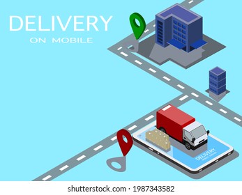 
Lieferung auf mobile Concept Versandbox. Online Shopping Global Logistic Truck. Isometrische Vektorgrafik. Kopienraum.