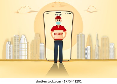Lieferung von mobilen Gütern während der Vorbeugung von Coronovirus, Covid-19. Kurier in einer Gesichtsmaske mit einer Kiste in den Händen. Portrait von der Hüfte hoch. Vektorgrafik.