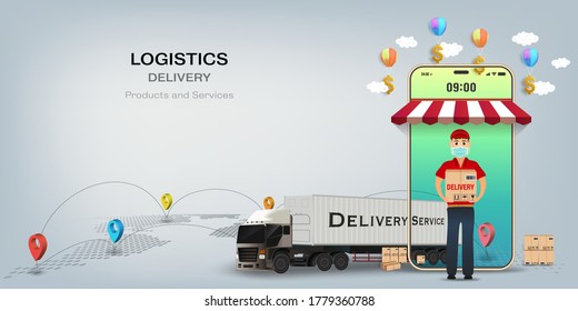 Delivery on mobile of goods during the prevention of coronovirus, Covid-19. Courier in a face mask with a box in his hands. Portrait from the waist up. Vector illustration.