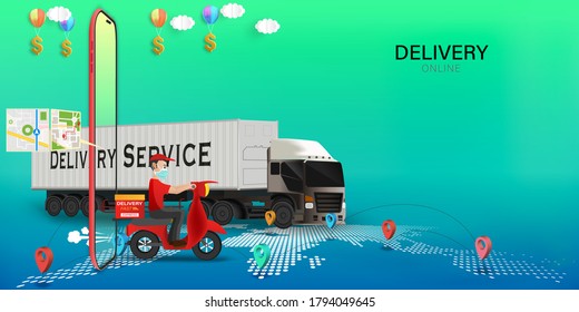 Delivery on mobile of goods during the prevention of coronovirus, Covid-19. Courier in a face mask with a box in his hands. Portrait from the waist up. Vector illustration.