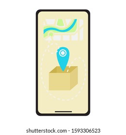 Delivery on a smartphone. Box with geotag. Vector illustration isolated on white. Modern delivery methods. Quick home order. Location icon in the box. Map of the city.