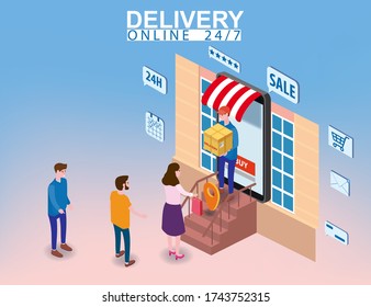 Delivery on Smartphone with online store, courier man delivers box parsel to the buyer isometry. Internet Shopping and Online Delivery Concept. Isometric icons map Earth background. Vector isolated