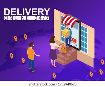 Delivery on Smartphone with online store, courier man delivers box parsel to the buyer isometry. Internet Shopping and Online Delivery Concept. Isometric icons map Earth background. Vector isolated