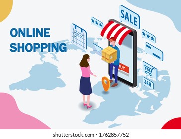Delivery on Smartphone with online store, courier man delivers box parsel isometry. Internet Shopping and Online Delivery Concept. Isometric icons map Earth background. Vector isolated illustration