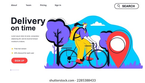 Delivery on time concept for landing page template. Woman courier carries parcel on bicycle to client. Express shipment people scene. Vector illustration with flat character design for web banner
