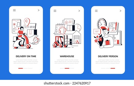 Delivery on time - line design style banners set with place for text. Courier and warehouse, logistics of goods, waiting for a parcel, tracking in a smartphone, storage, sign for receipt idea