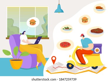 Delivery online app service at laptop, fast food order business vector illustration. Flat people buy lunch concept, restaurant delivery worker shipping dinner design. Internet technology for home.