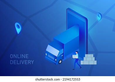 Delivery online concept, delivery man truck to customer with gps navigation on mobile location  vector illustration
