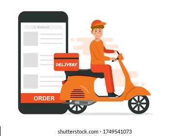 delivery online concept.delivery man riding on orange scooter isolated on white background illustration vector eps10