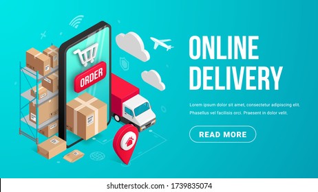 Delivery online isometric banner concept with smartphone, parcel box, truck, pin, storage shelves on blue background. Logistic order delivery service 3d vector illustration for web, mobile app, advert