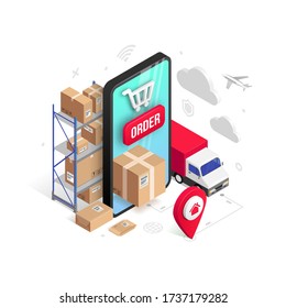 Delivery online isometric design concept with smartphone, parcel box, truck, pin, storage shelves isolated on white. Logistic order delivery service 3d vector illustration for web, mobile app, advert