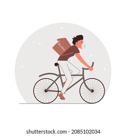 Entrega en línea, hombre en bicicleta con máscara