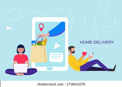 Delivery online. Man and woman order food online. Delivery and shopping by smartphone, laptop concept. Can used for banner, website design, landing web page, social media. Vector illustration in flat.
