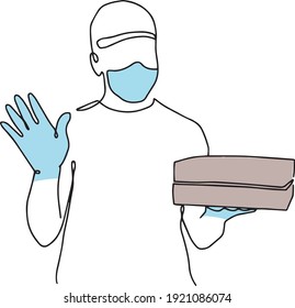 Delivery online, delivery men with two boxes pizza, in medical mask and gloves, safe delivery, line art vector.