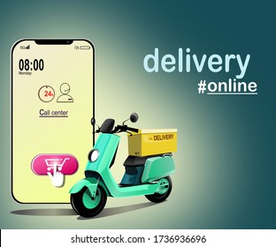 
Delivery online on the mobile phone application. Motorcycle for sending foods.   Scooter services.green background. Vector. Illustration.