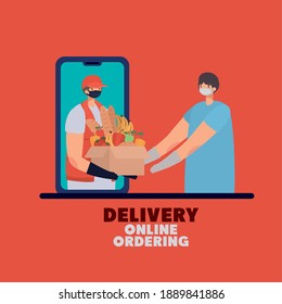 delivery online ordening lettering and man with safety mask and one box full of market products on a phone vector illustration design