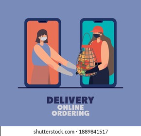 delivery online ordening lettering and woman with safety mask and one mesh bag full of market products on a phone vector illustration design