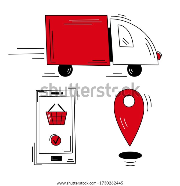 Delivery and online order icons -\
Delivery car, smartphone with element of basket, red map marker -\
Shipping service, buy online - Vector illustration\
isolated