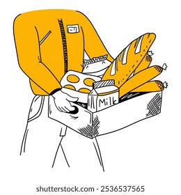 Delivery online order from supermarket. Food service courier shipping milk, bread, eggs and other goods. Man with box of groceries. Cartoon flat hand drawing isolated vector illustration 