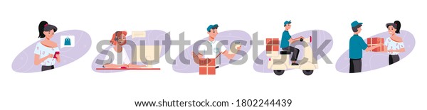 Delivery online orders and logistics process icons,\
vector flat set. Online internet shop order and delivery steps,\
operator and packing parcel, courier delivering box and handling to\
client at home