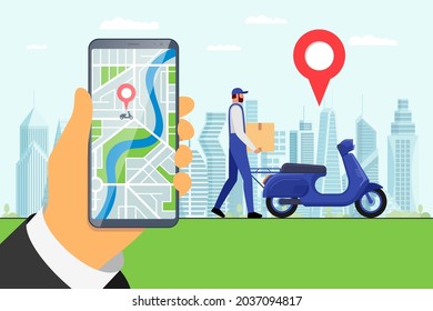 Aplicación de servicio en línea de entrega en pantalla de smartphone y mensajero trajo la caja del paquete de mercancías de carga en ciclomotor. Pin GPS en el mapa de la ciudad con la ubicación del orden de envío de motocicletas. Concepto de logística expresa de vectores