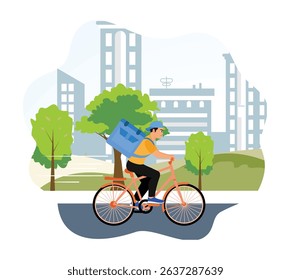 Delivery online service. A courier riding a bicycle and delivering goods to customers on city streets.