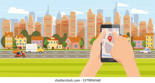 Delivery online service. Hand hold smartphone application for parcel shipment tracking map. 24 7 delivery truck van cityscape background. Vector illustration logistics poster for advertising design