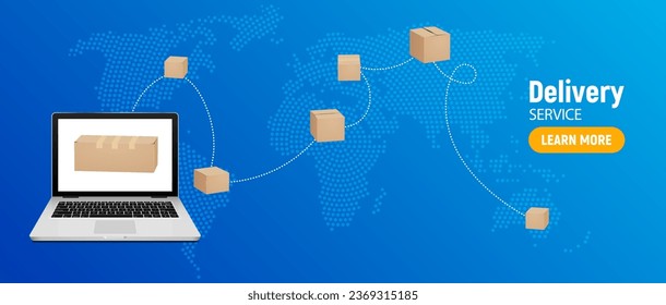Delivery online shop package free service. Laptop delivery online shop store concept world map