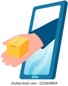 Delivery and online shopping application concept. Businessmans hand on phone holding cardboard box. Fast, reliable and comfortable order fulfillment service. Convenient delivery of goods by courier