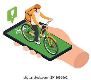 Delivery online shopping concept with human hand holding smartphone with cycling courier on screen 3d isometric vector illustration