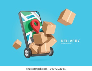 delivery, online shopping concept ,parcel or cardboard box, red pin location floating out of GPS map on smartphone screen and wheels on bottom look like delivery truck, vector 3d illustration isolated