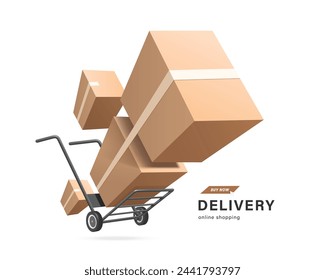 Delivery and online shopping concept ,Several parcel boxes or cardboard boxes float out of two-wheeled cart or hand truck used in a warehouse, vector 3d illustration isolated for advertising design