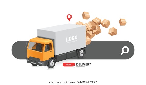 Delivery and online shopping concept, yellow-white truck has parcel or cardboard box on back with map pin showing where to deliver product to customer and all on top of search icon, vector 3d isolated