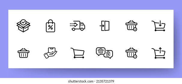 Delivery and online shopping icons set. Delivery, carts, discounts and parcel arrival icons. Shopping concept. Free shipping. Vector EPS 10.