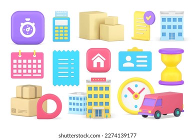 Delivery online shopping order purchase express courier transportation postal cardboard box set 3d icon realistic vector illustration. Shipping internet buying goods time tracking home button
