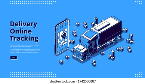 Cartel de seguimiento en línea de entrega. Servicio móvil para el transporte de carga y carga por vía terrestre. Página de aterrizaje de vectores con smartphone isométrico con aplicación de mapa y camión