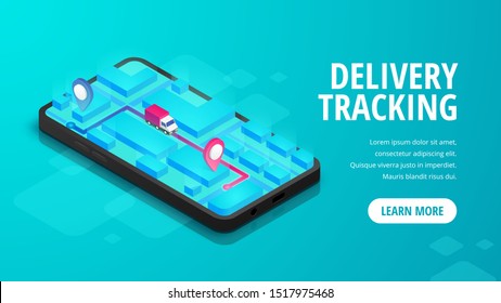 Delivery online tracking isometric banner concept smartphone with map, truck, pin on screen. Logistic order track e-commerce service 3d design. Shipping Vector illustration for web, mobile app, advert
