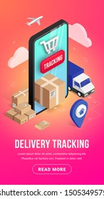 Delivery online tracking isometric vertical banner concept with smartphone, parcel box, truck, pin on gradient background. Logistic service 3d design. Vector illustration for web, mobile app, advert