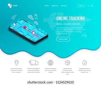 Delivery online tracking isometric web site concept smartphone with map, truck, pin on screen. Logistic order track e-commerce service 3d design. Shipping Vector illustration for web, mobile app, adv