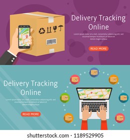 Delivery online tracking two horizontal background web banners flat vector illustration