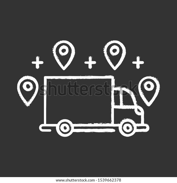 Delivery option chalk icon. Online order\
tracking. E commerce concept. Fast shipping truck with location\
marks. Delivery service. Logistics and distribution. Isolated\
vector chalkboard\
illustration