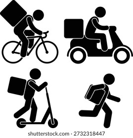 Ícones de opções de entrega com bicicleta, scooter, kick scooter e pessoa de entrega em execução