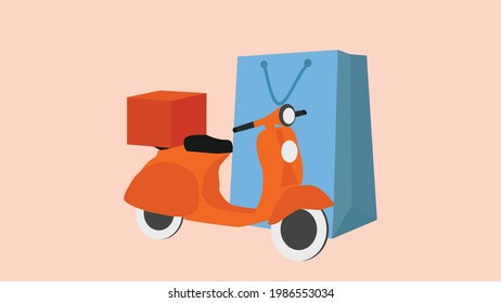 Delivery with orange scooter. Shopping bag. Marketing Background. Grocery online shopping
