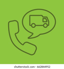 Delivery order by phone linear icon. Handset with delivery van inside speech bubble. Thin line outline symbols on color background. Vector illustration