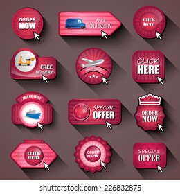 "Delivery" ;, "Order" And "Click Here" Design Elements, Stickers And Labels In Retro And Vintage Style - Isolated On Background. Vector Illustration, Graphic Design Editable For Your Design