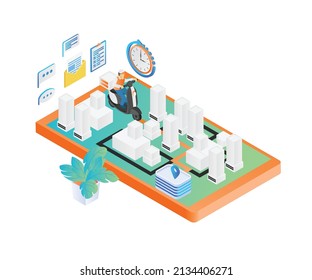 Delivery order isometric style illustration with matic motorbike and smartphone