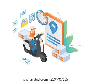 Delivery order isometric style illustration with matic motorbike and smartphone