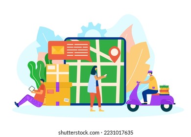 Servicio de pedido de entrega en línea, ilustración vectorial. Transporte rápido de paquetes por correo en el transporte. aplicación móvil de entrega de negocios